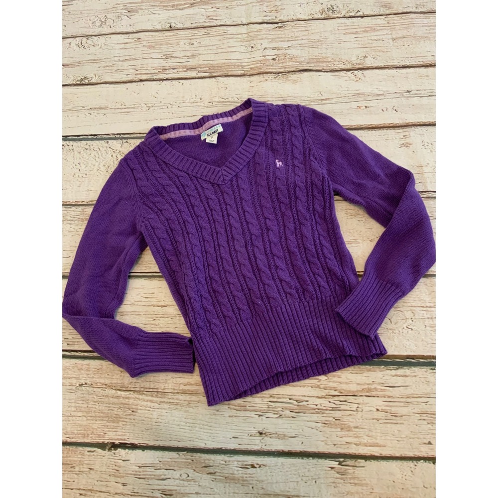 Old Navy Girls Purple Cable Knit V-Neck Sweater Size Medium 8 Long Sleeve